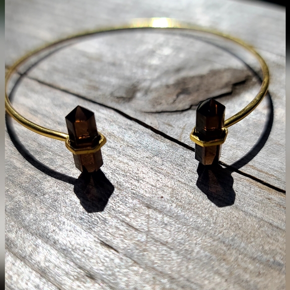 Smokey quartz dual points gemstone sterling &gold dramatic bangle bracelet - Picture 5 of 7